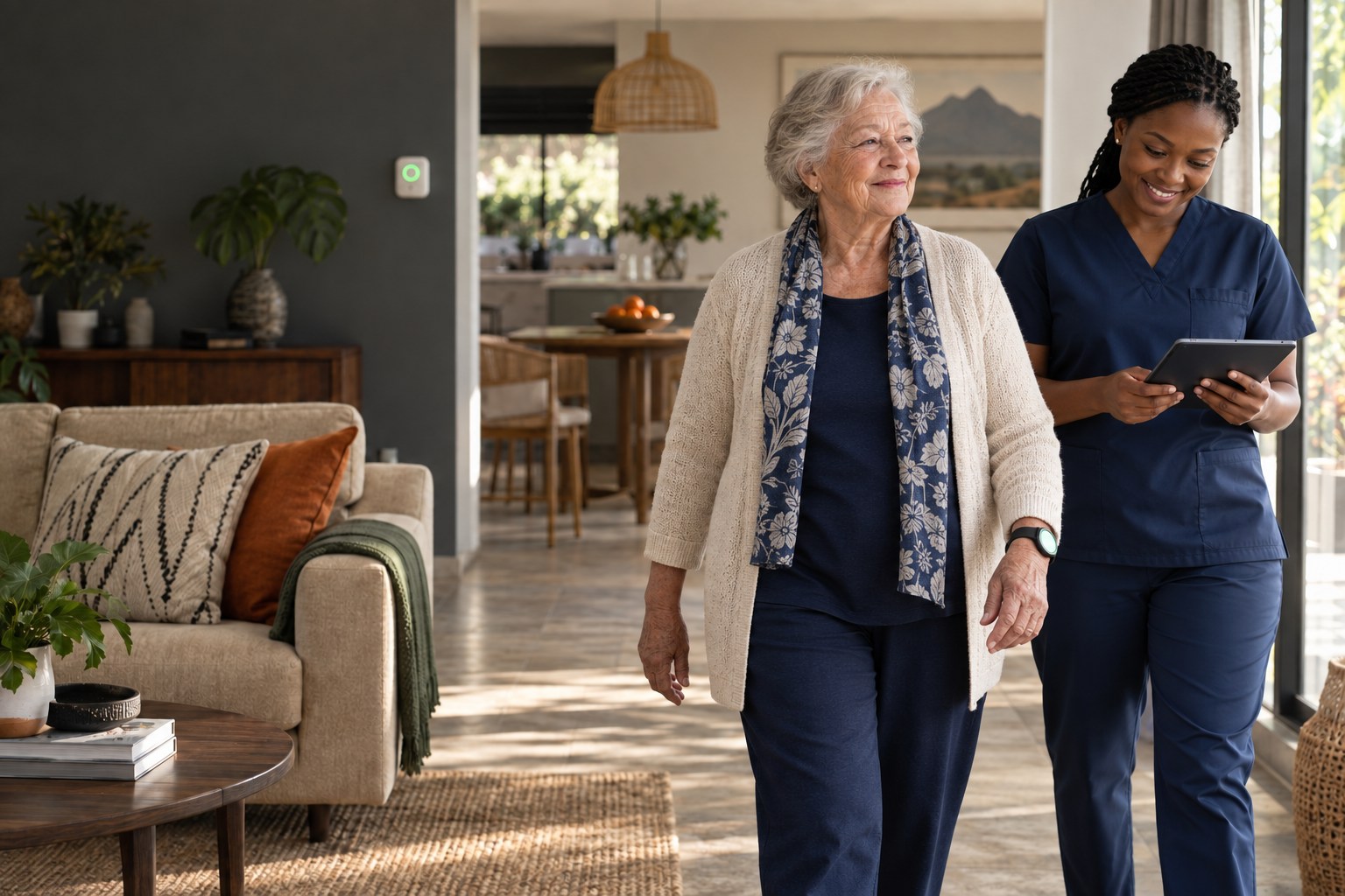 Older woman supported by a connected care professional in her home