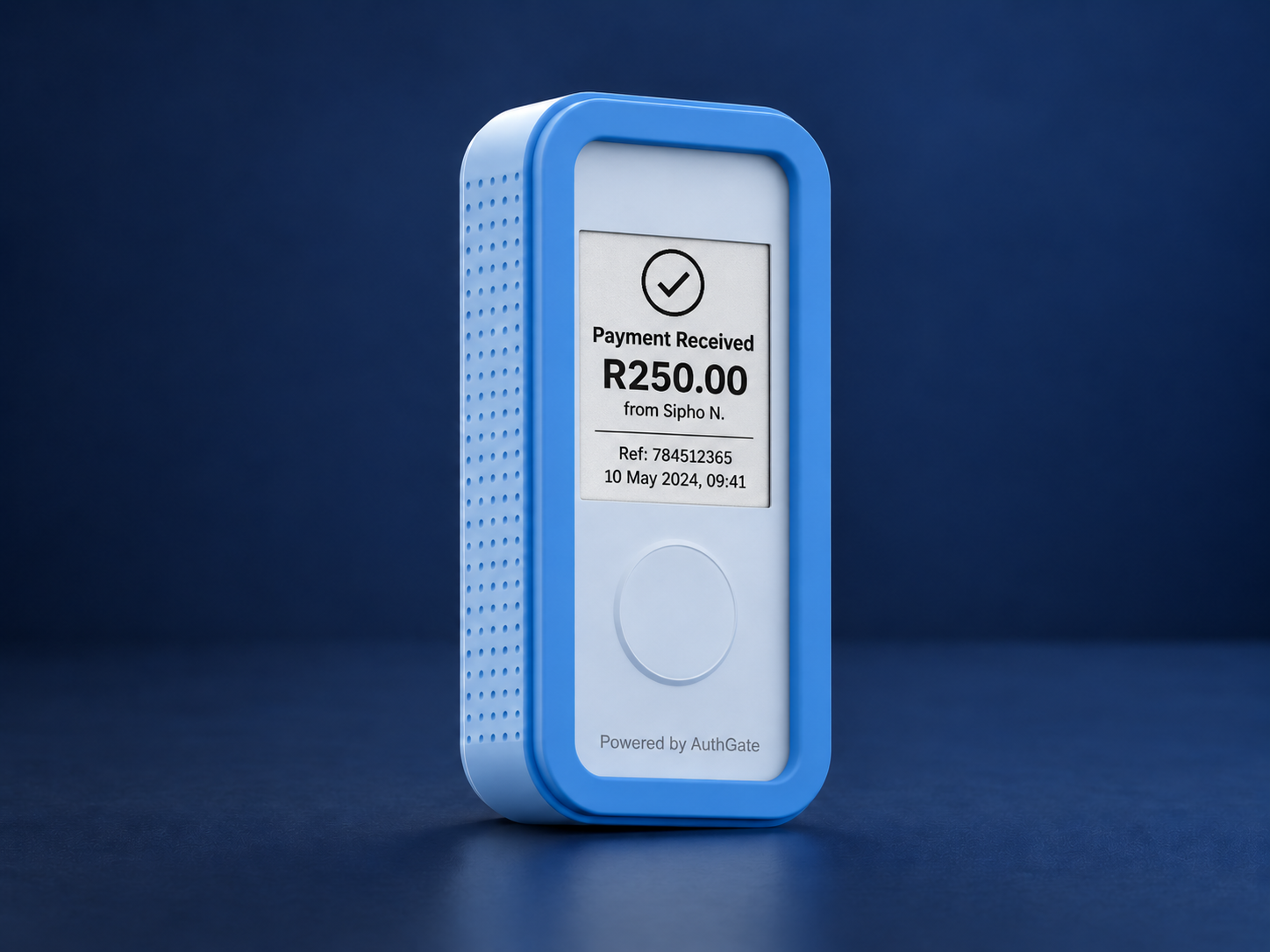 Palm-sized blue Trusted Acceptance Device in a navy studio, showing Payment Received on a black-and-white e-ink display and Powered by AuthGate below the circular button